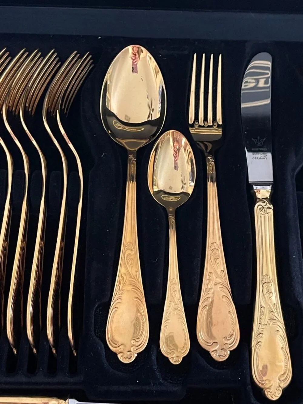 Soligen Gold Flatware Cutlery Full Set 70 Pc Germany Vintage In Case Used Once